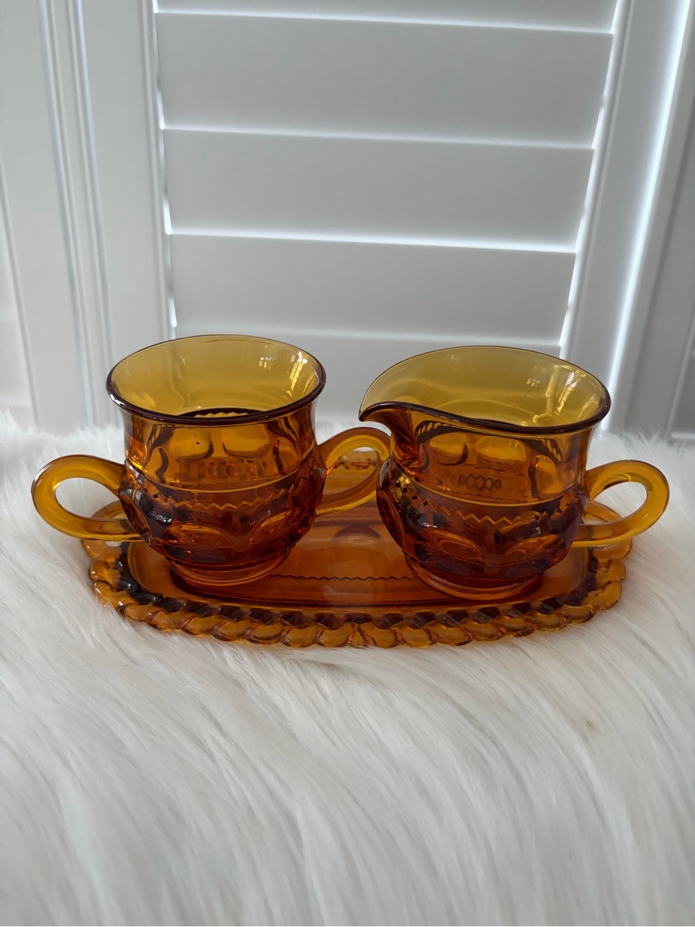 Vintage Indiana Amber Glass Creamer and Sugar Set with Tray